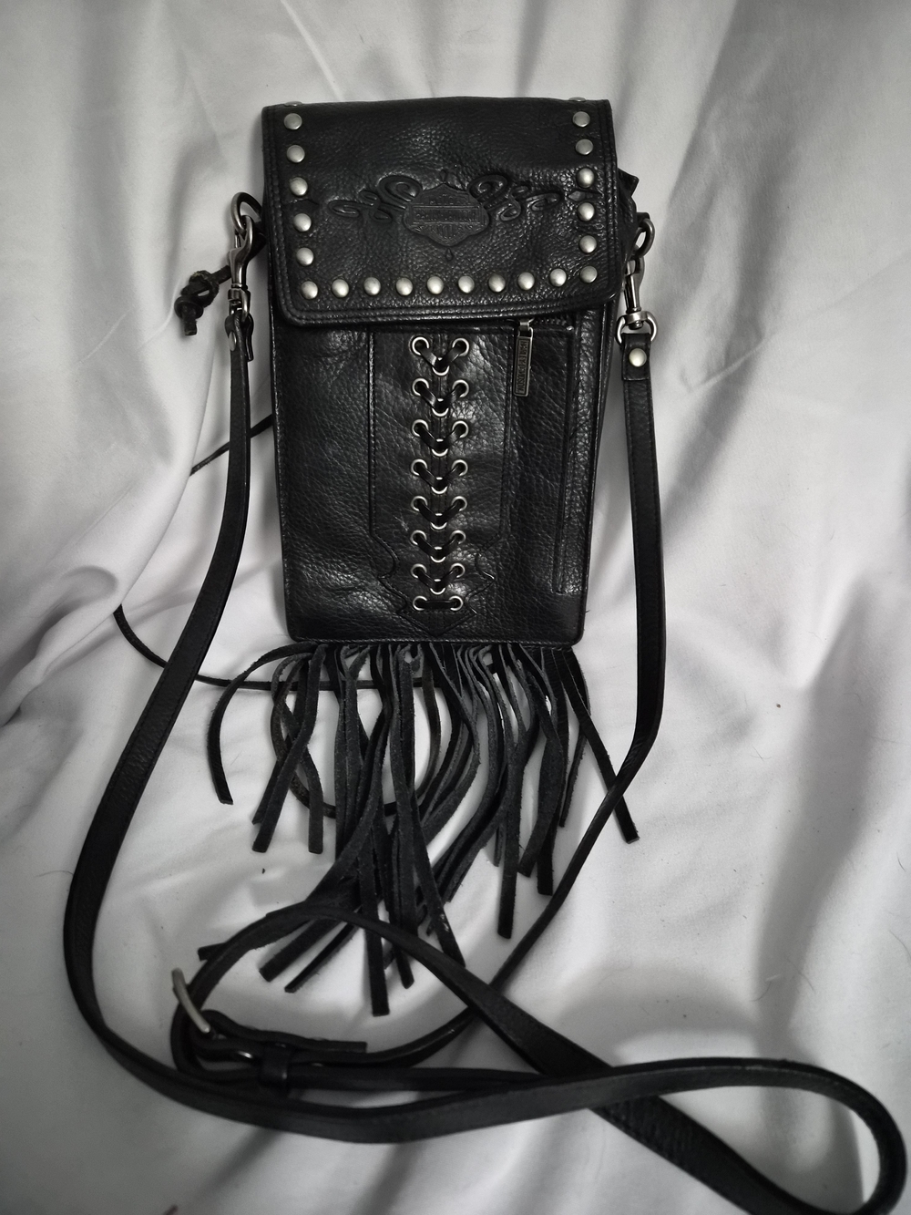 Harley-Davidson Black Leather Fringe Hip Bag with Lace-Up Front and Studs